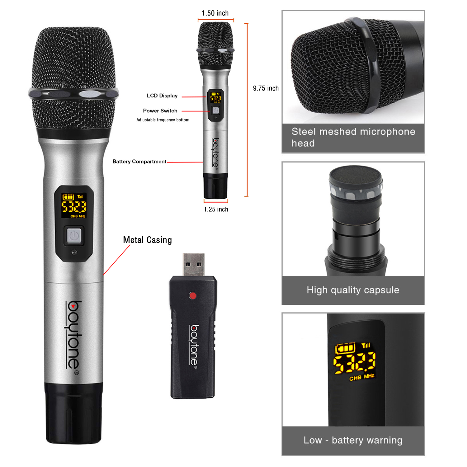 Boytone BT-26UM Dynamic Wireless Microphone Metal Handheld Mic, UHF frequency, 20 adjustable Channel